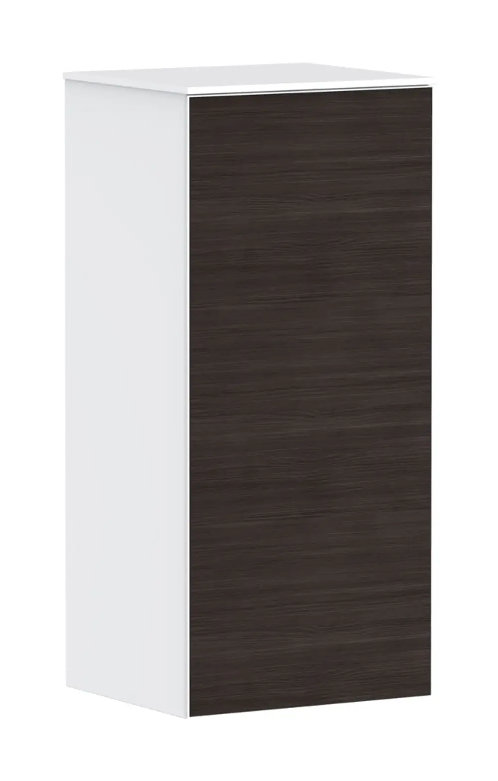 Heller halbhoher Schrank mit einer dunklen Holztür, links angeschlagen. Das Produkt ist von Hansgrohe und eignet sich zur platzsparenden Aufbewahrung in Badezimmern.